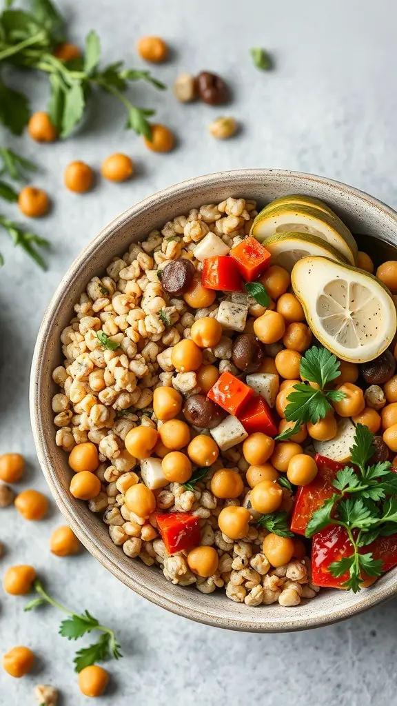 A Mediterranean grain bowl with chickpeas, grains, bell peppers, and lemon slices.