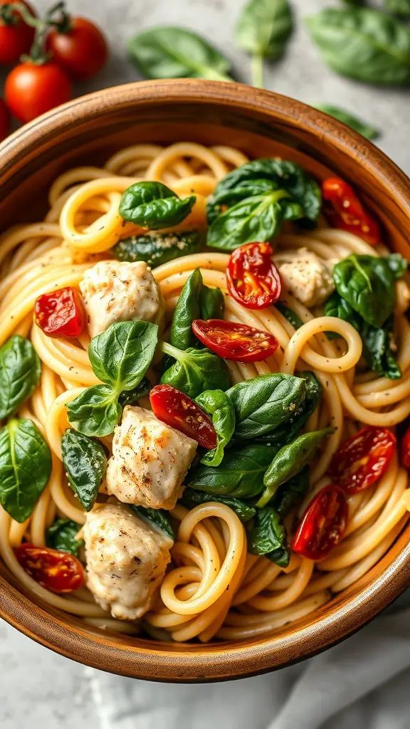 A bowl of Tuscan Chicken Pasta with Spinach, featuring spaghetti, chicken pieces, fresh spinach, and cherry tomatoes.