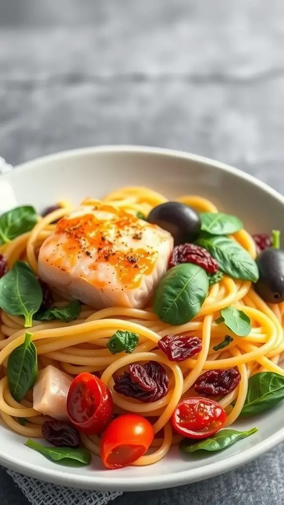 A plate of Mediterranean salmon pasta with spaghetti, salmon, cherry tomatoes, olives, and spinach.