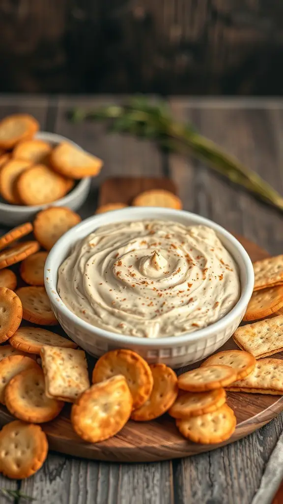 A bowl of creamy smoked catfish dip surrounded by crackers on a wooden platter.