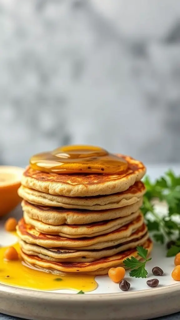 A stack of chickpea flour pancakes topped with syrup, with a lemon half and parsley on the side.
