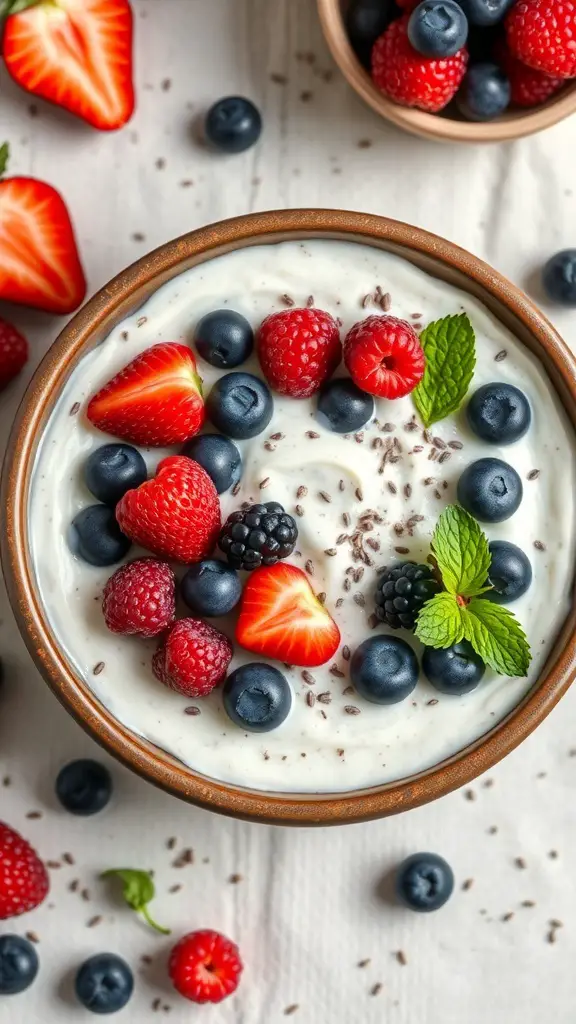Chia seed pudding topped with fresh berries and mint leaves
