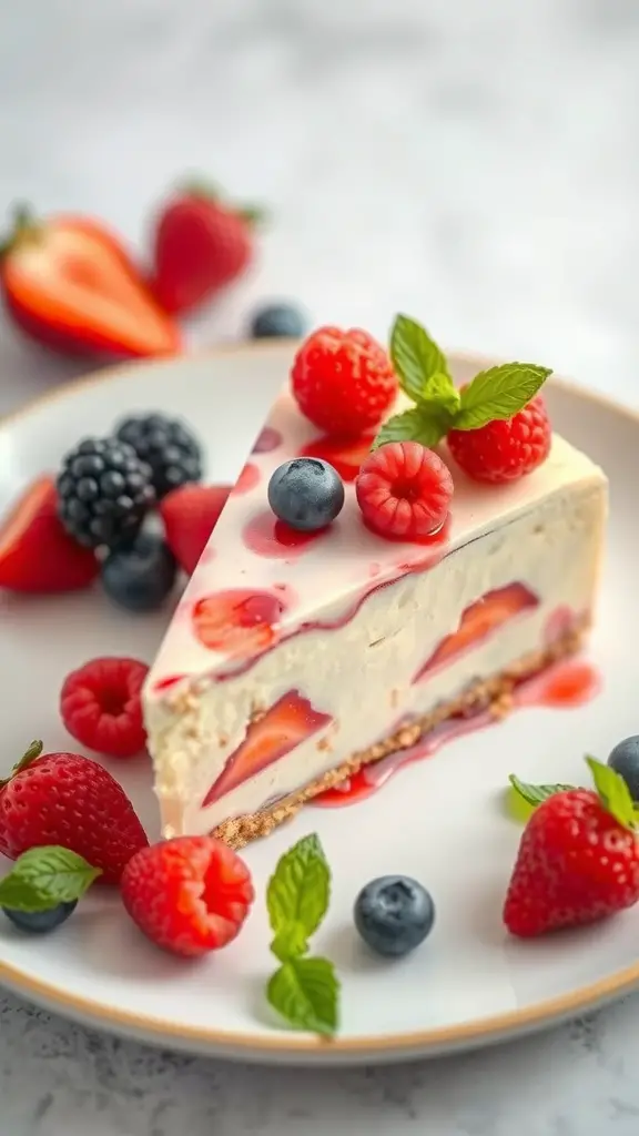 A slice of semifreddo topped with fresh berries and mint leaves on a plate.