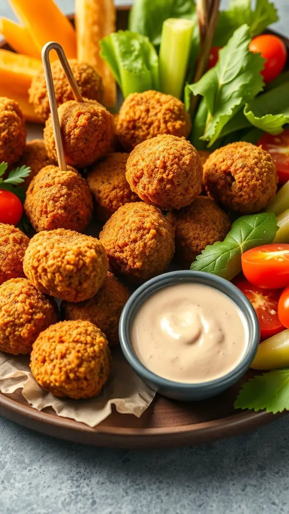 A platter of crispy falafel balls served with tahini sauce and fresh vegetables.