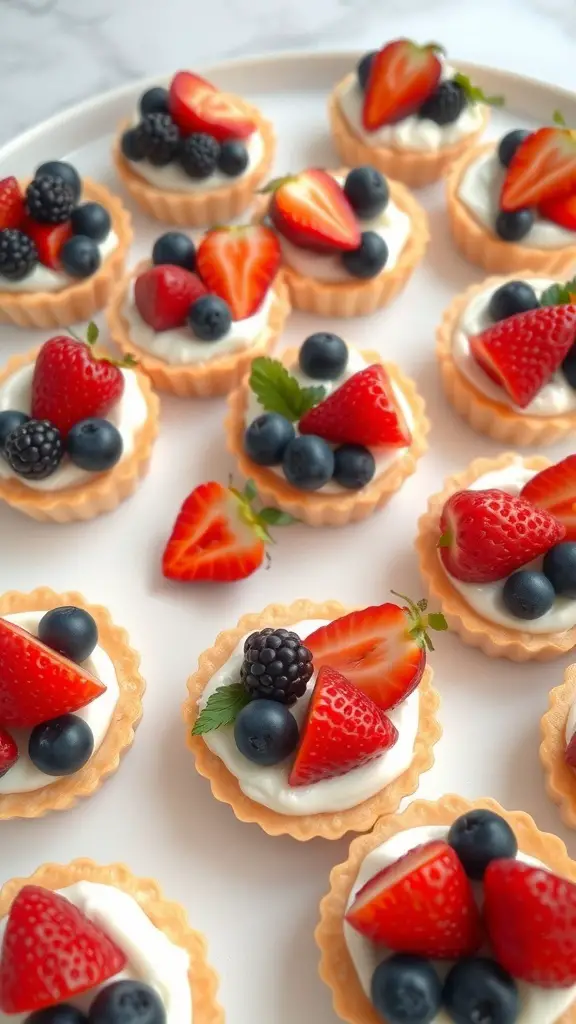A plate of mini fruit tarts topped with strawberries, blueberries, and blackberries.