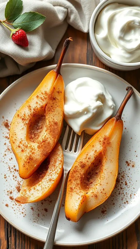 Cinnamon baked pears served with yogurt on a plate