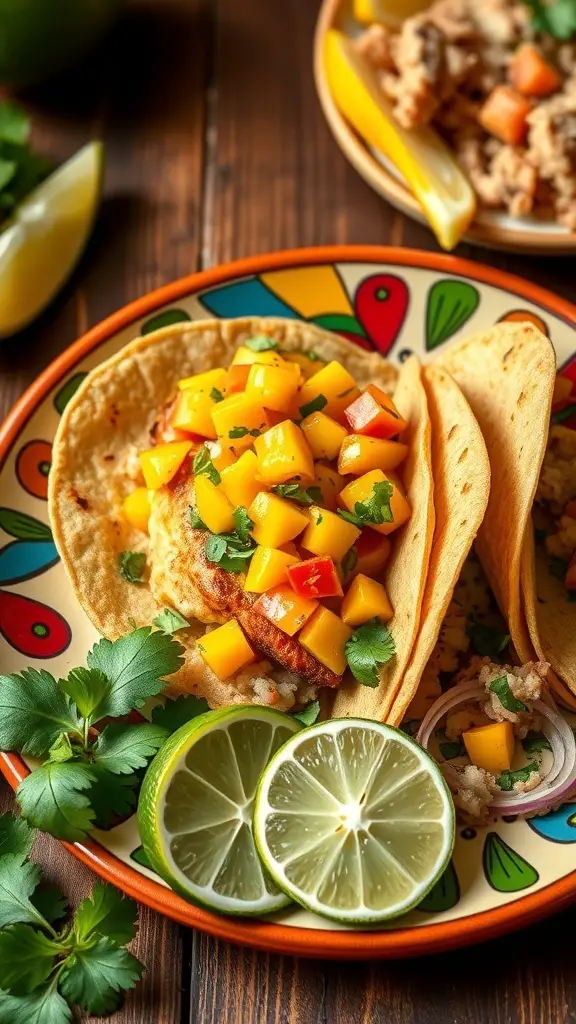 Spicy tilapia tacos topped with mango salsa, served with lime wedges and fresh cilantro.
