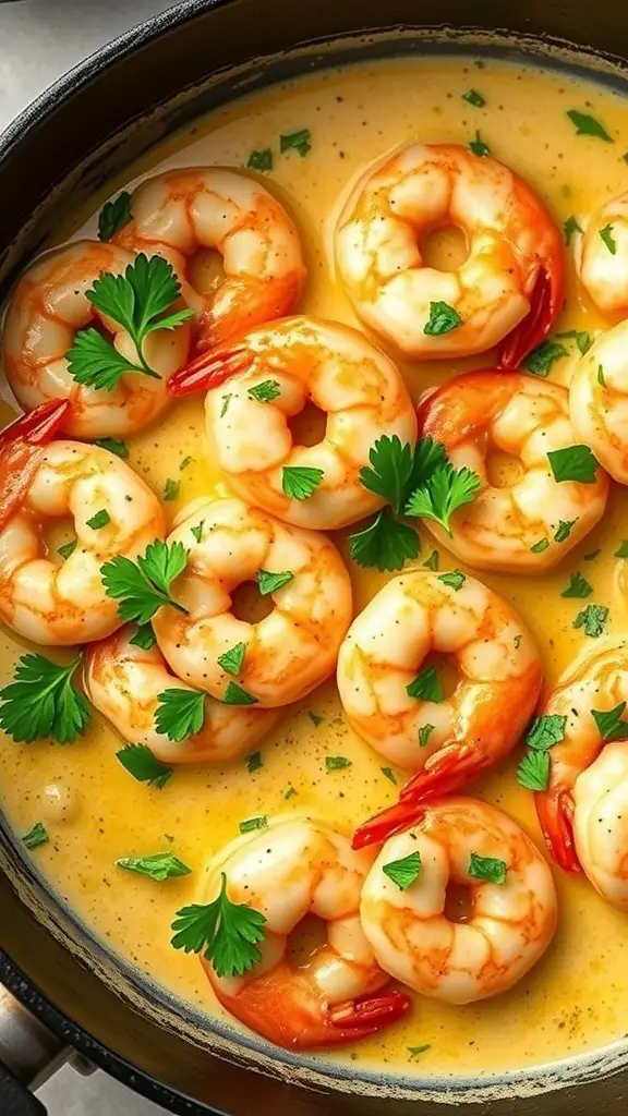 Creamy garlic butter shrimp in a pan, garnished with parsley