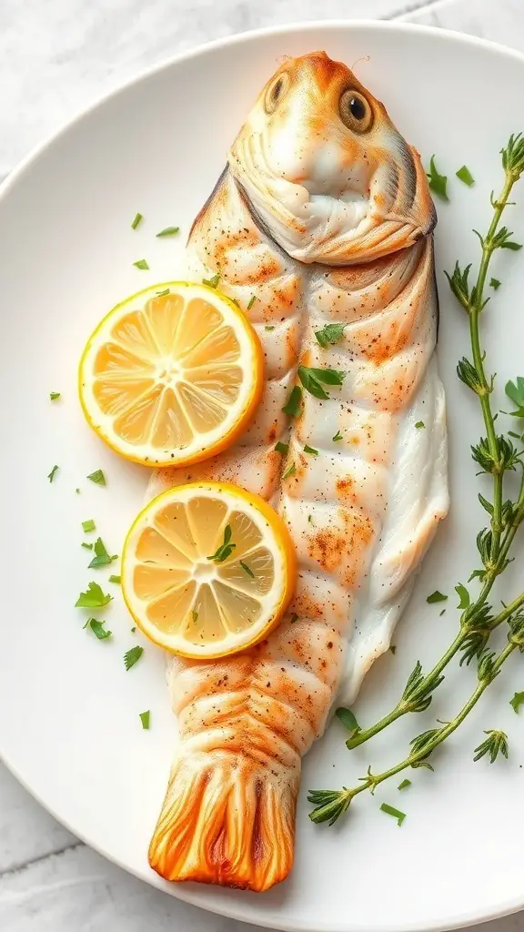 Baked catfish garnished with lemon slices and herbs on a white plate.