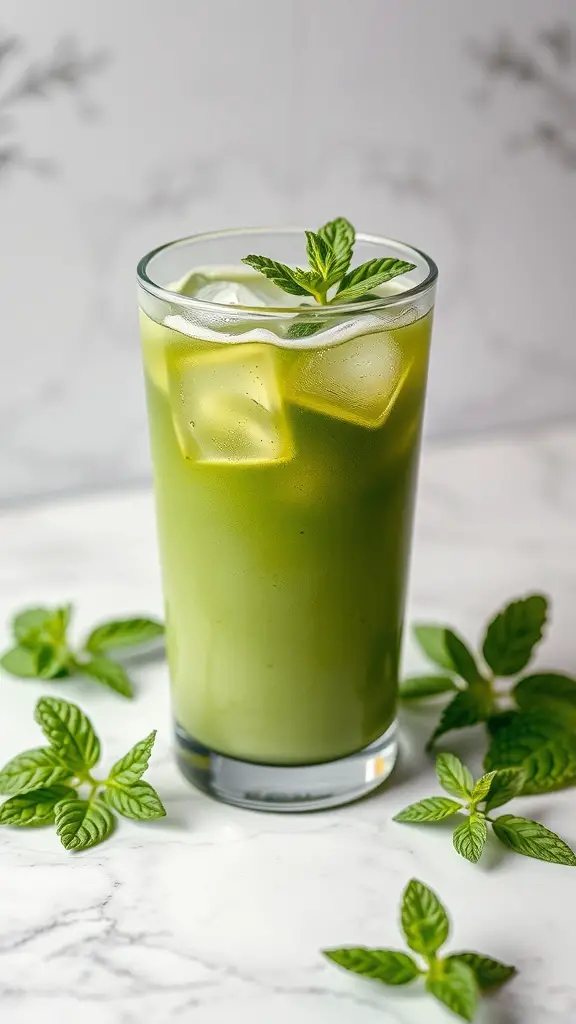 A refreshing glass of Matcha Mint Cooler with ice and mint leaves