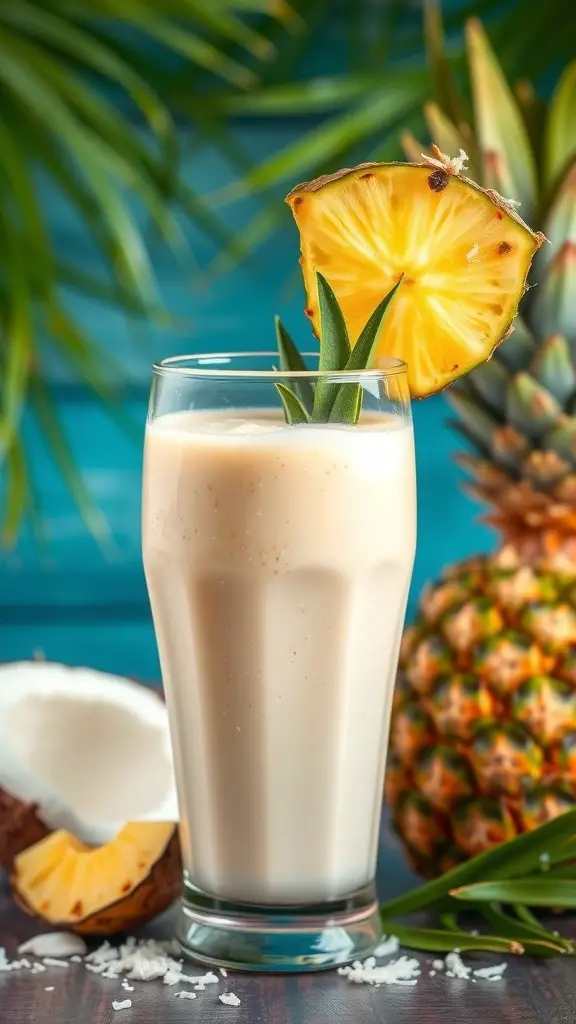 A refreshing Pineapple Coconut Energy Smoothie served in a tall glass, garnished with a slice of pineapple and surrounded by fresh pineapple and coconut.