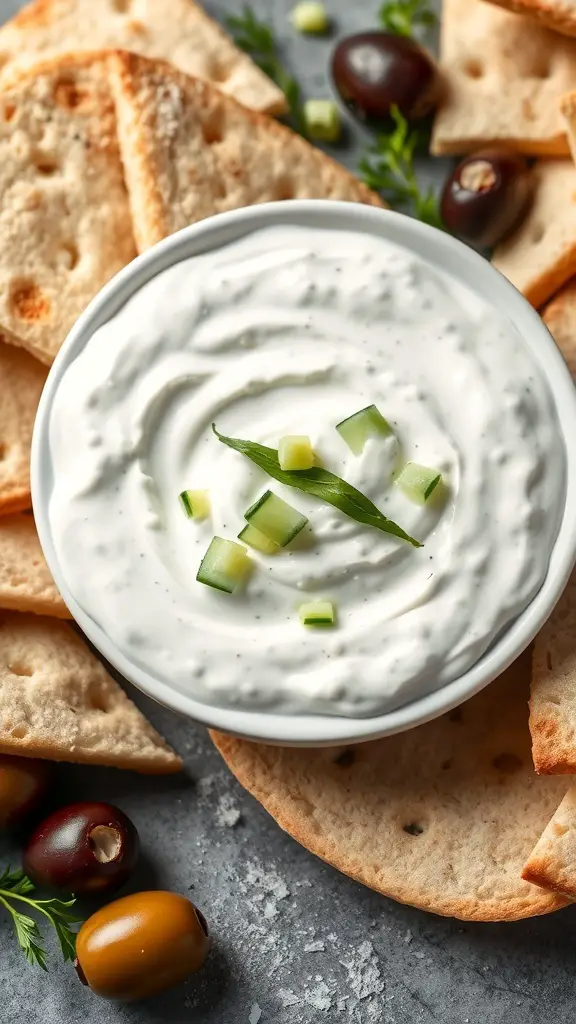 A bowl of Greek Tzatziki Sauce with pita chips and olives