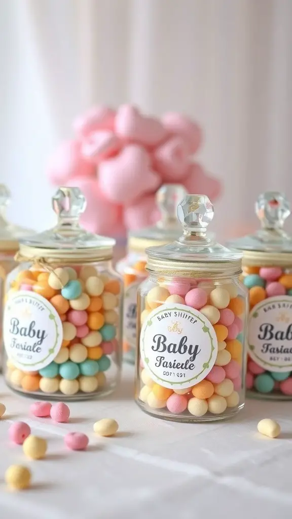 Colorful jars filled with candies for a baby shower