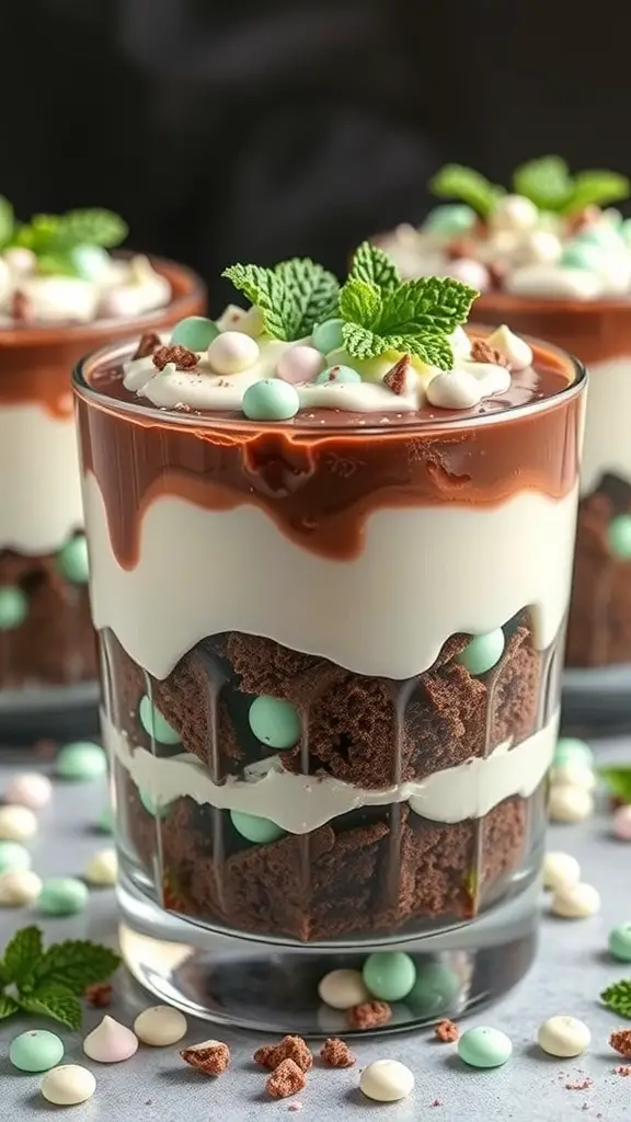 A delicious Chocolate Mint Trifle in a glass, layered with chocolate cake, mint cream, and topped with chocolate ganache and mint leaves.
