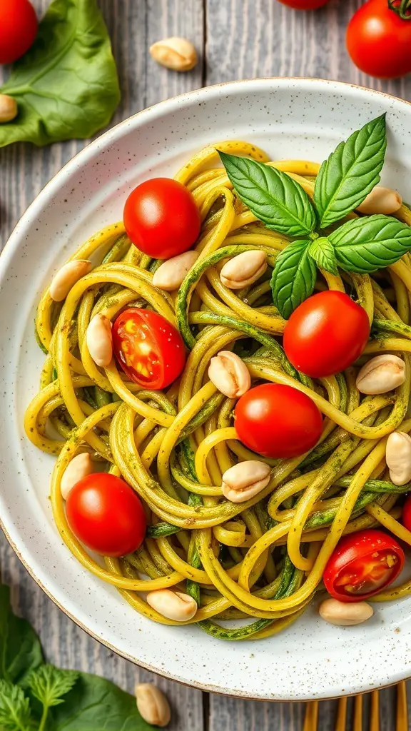 A plate of zucchini noodles with pesto, cherry tomatoes, and peanuts.
