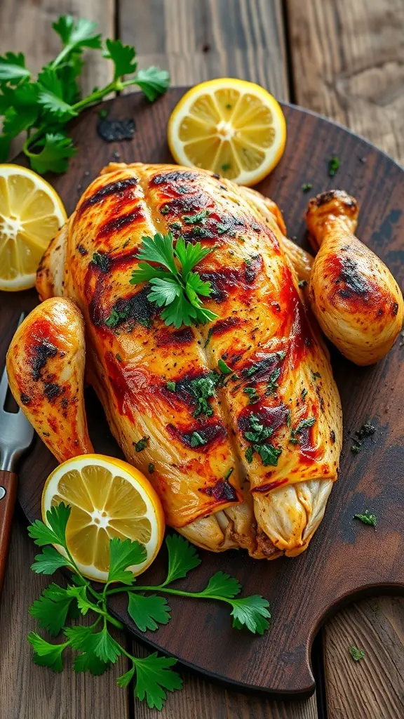 Grilled chicken garnished with lemon slices and fresh herbs on a wooden board.