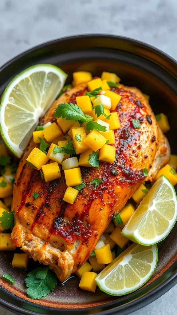 A plate of chicken breast topped with mango salsa, garnished with lime wedges and cilantro.