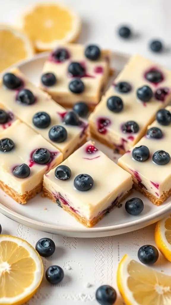 Lemon Blueberry Cheesecake Bars on a plate with lemon slices and blueberries