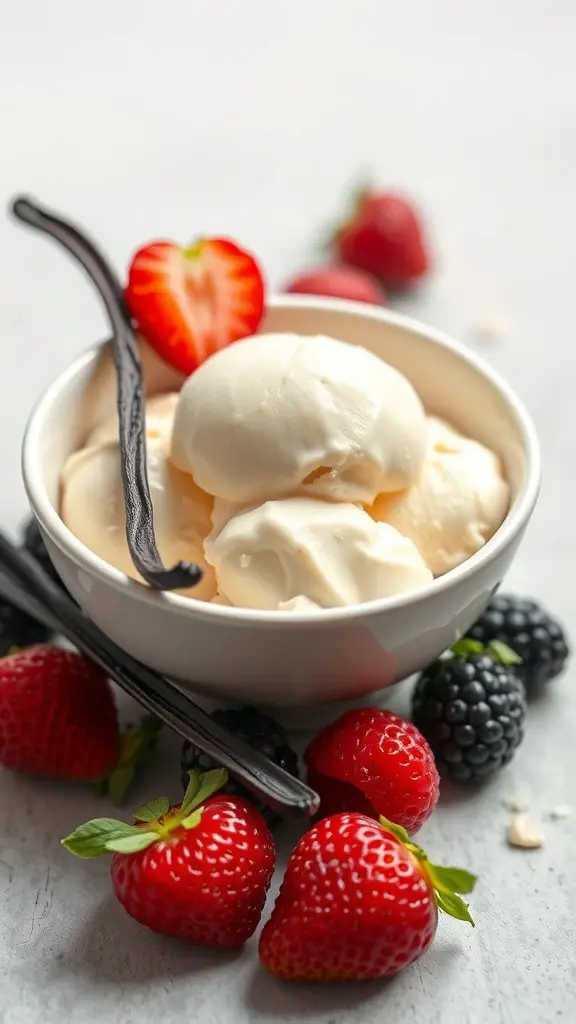 A bowl of vanilla bean gelato with fresh strawberries and blackberries, alongside vanilla beans.