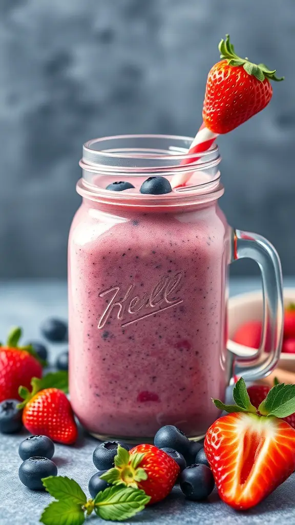 A refreshing berry smoothie in a glass jar, topped with a strawberry and surrounded by fresh strawberries and blueberries.