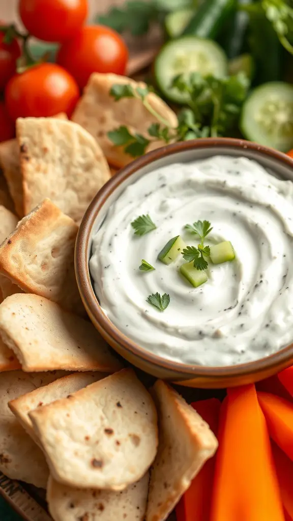 A bowl of Greek yogurt and cucumber dip garnished with cucumber pieces and herbs, surrounded by pita chips and fresh vegetables.