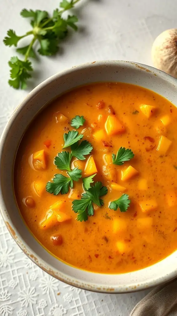 A bowl of Coconut Curry Lentil Soup garnished with cilantro, showcasing a rich orange color.