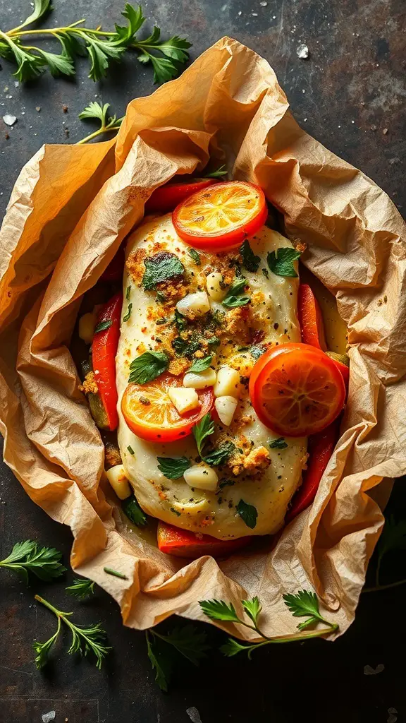 Cod fillet cooked en papillote with vegetables and herbs