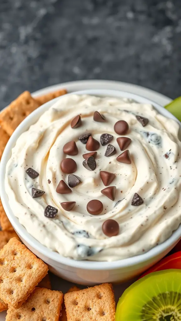 A creamy chocolate chip dip made with cottage cheese, topped with chocolate chips, served with crackers and fruit.