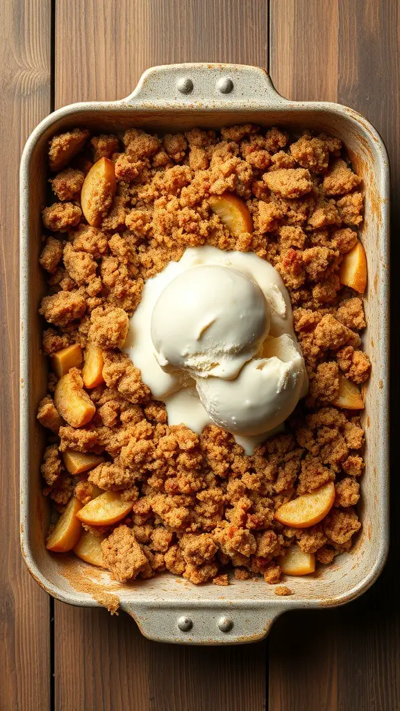 A pan of apple cinnamon crumble topped with two scoops of vanilla ice cream.