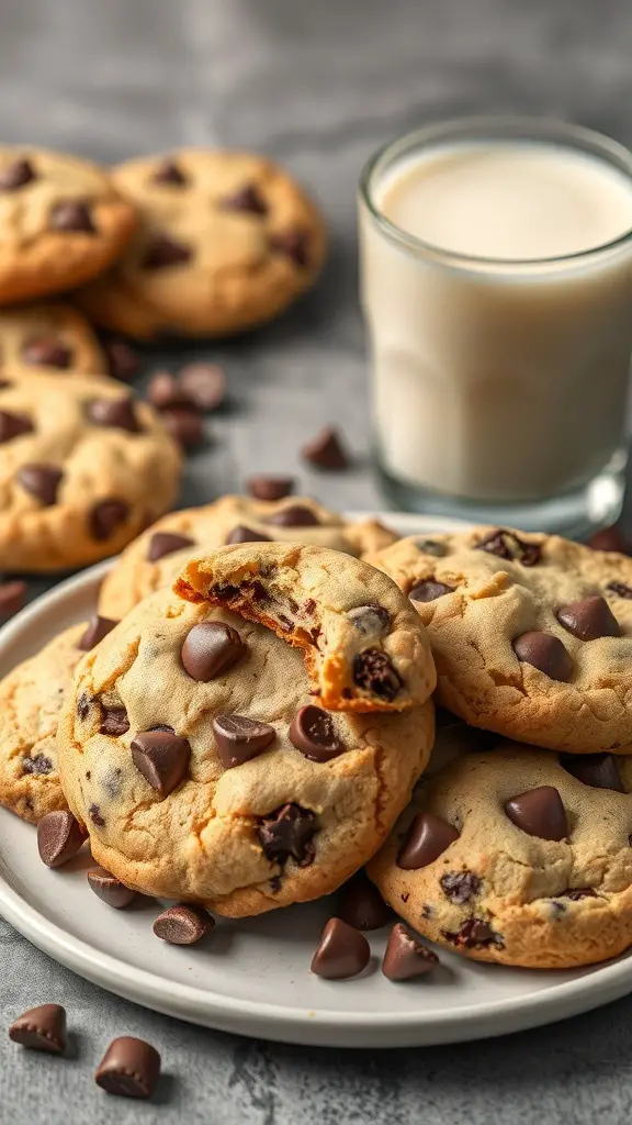 A plate of chocolate chip cookies with a glass of milk