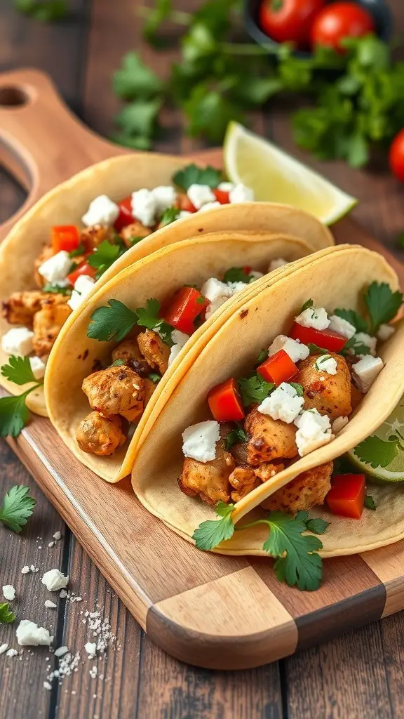 Mediterranean chicken tacos with fresh toppings on a wooden board