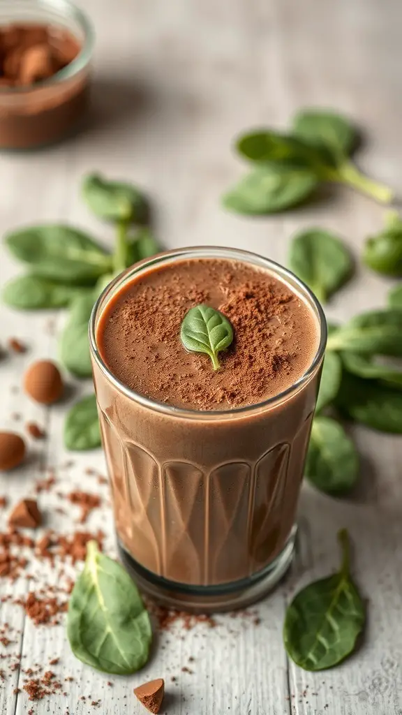 A glass of chocolate spinach smoothie topped with cocoa powder and a spinach leaf, surrounded by fresh spinach leaves and cocoa powder.