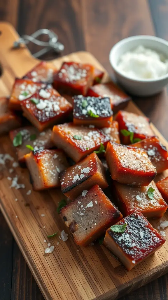 A wooden board with crispy pork belly bites, garnished with herbs and sprinkled with salt, alongside a small bowl of dipping sauce.