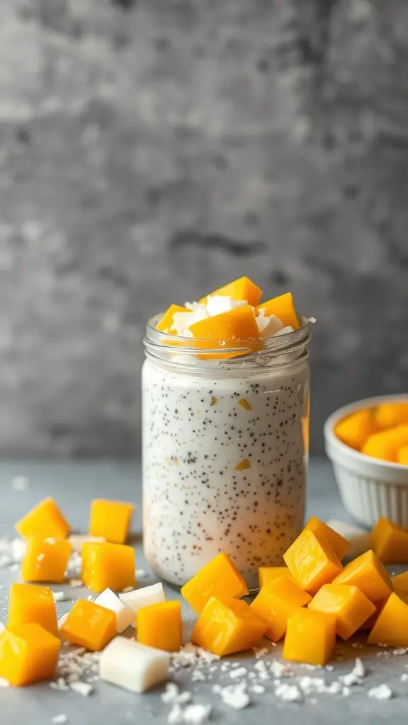 A jar of mango coconut chia pudding topped with mango cubes and coconut flakes, surrounded by chopped mango.