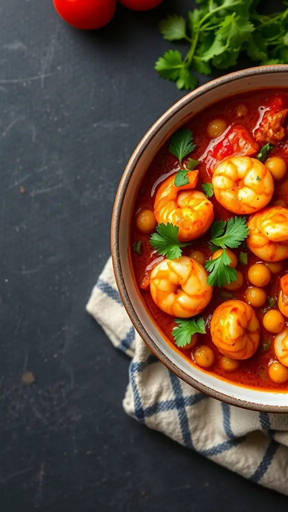 A bowl of shrimp and chickpea stew garnished with cilantro, surrounded by fresh tomatoes and herbs.