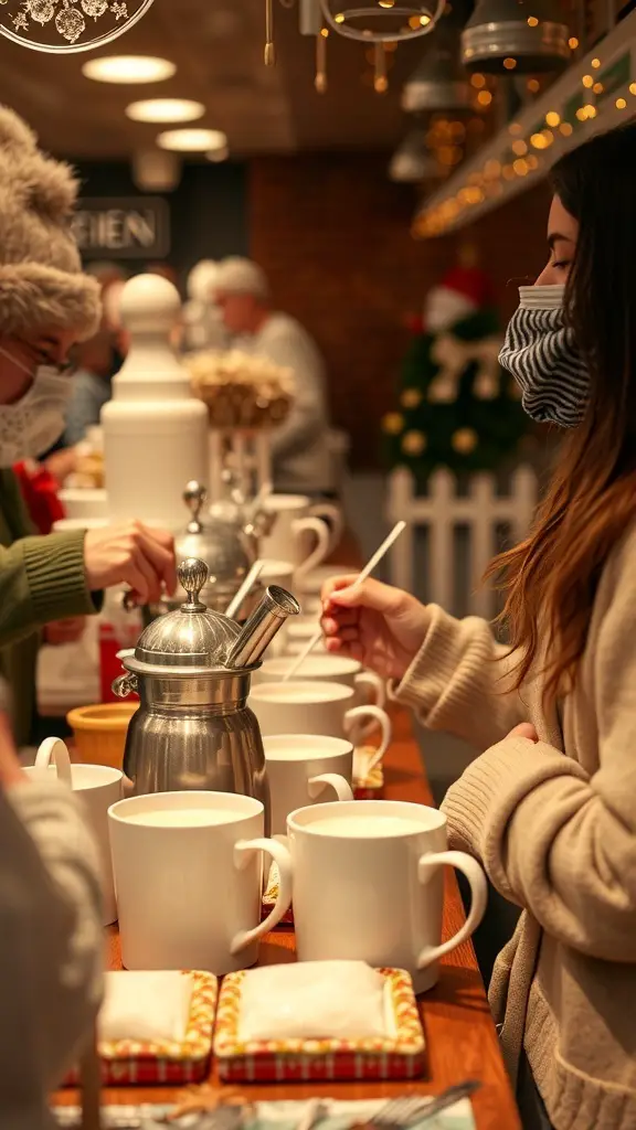A hot cocoa station with people customizing their drinks, featuring mugs, toppings, and a shiny pot of cocoa.