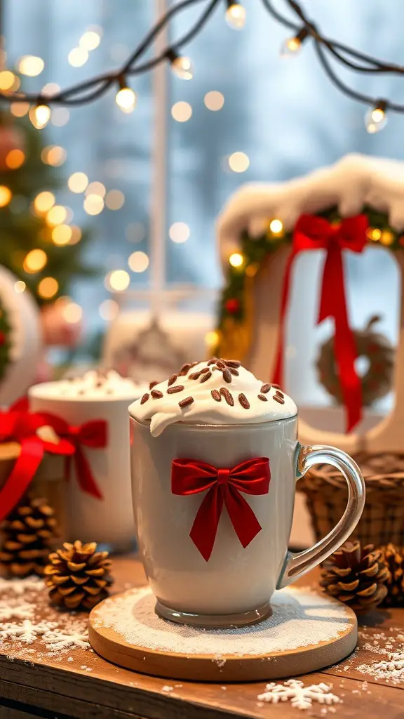 A beautifully arranged hot cocoa bar with mugs, whipped cream, and festive decorations.