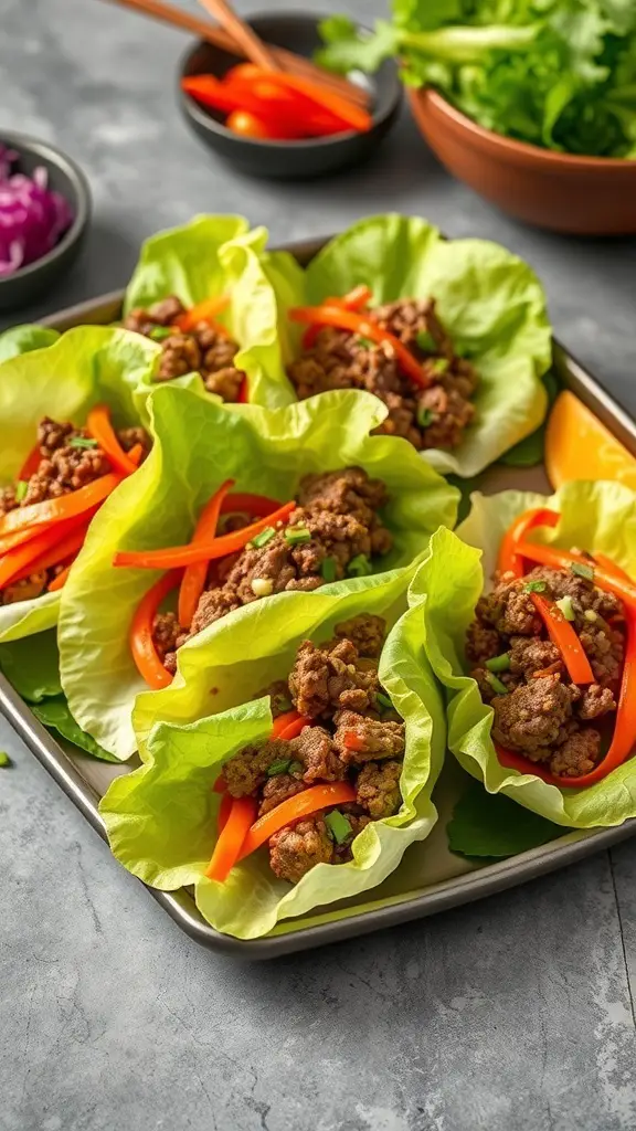 A plate of Asian Beef Lettuce Wraps filled with ground beef and colorful vegetables.