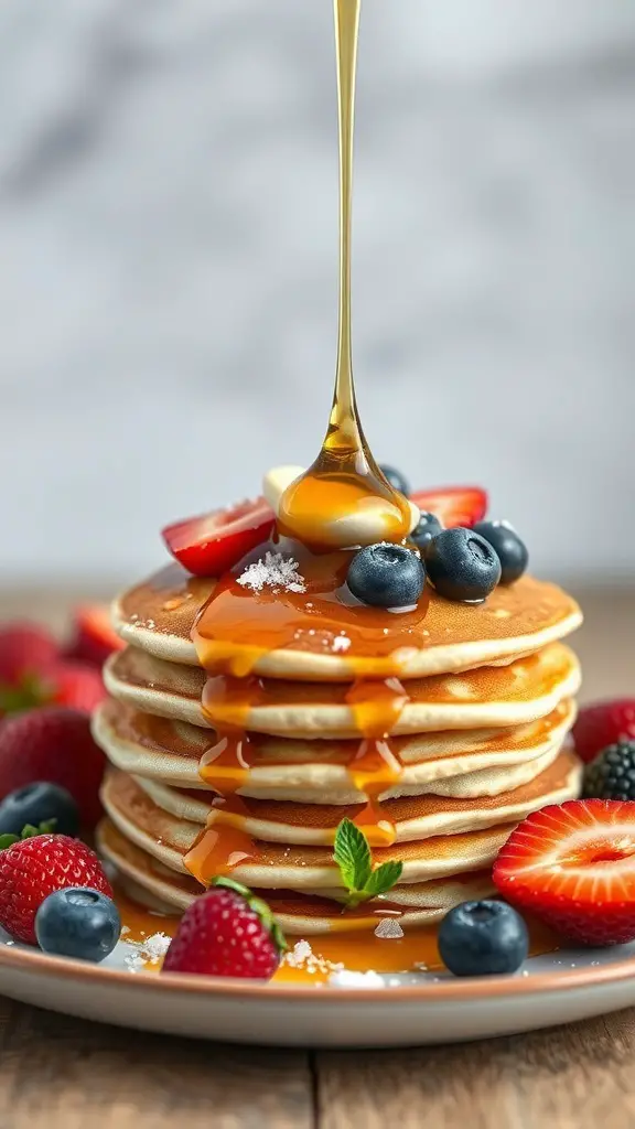 A stack of coconut flour pancakes topped with syrup, strawberries, blueberries, and mint leaves.