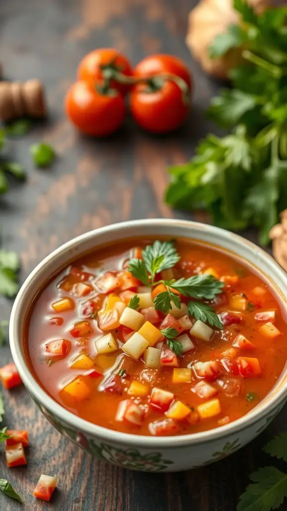A bowl of chilled gazpacho soup with diced vegetables and fresh herbs
