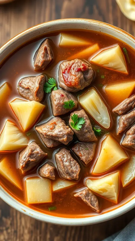 A bowl of beef and cabbage soup with chunks of beef, cabbage, and potatoes in a rich broth.