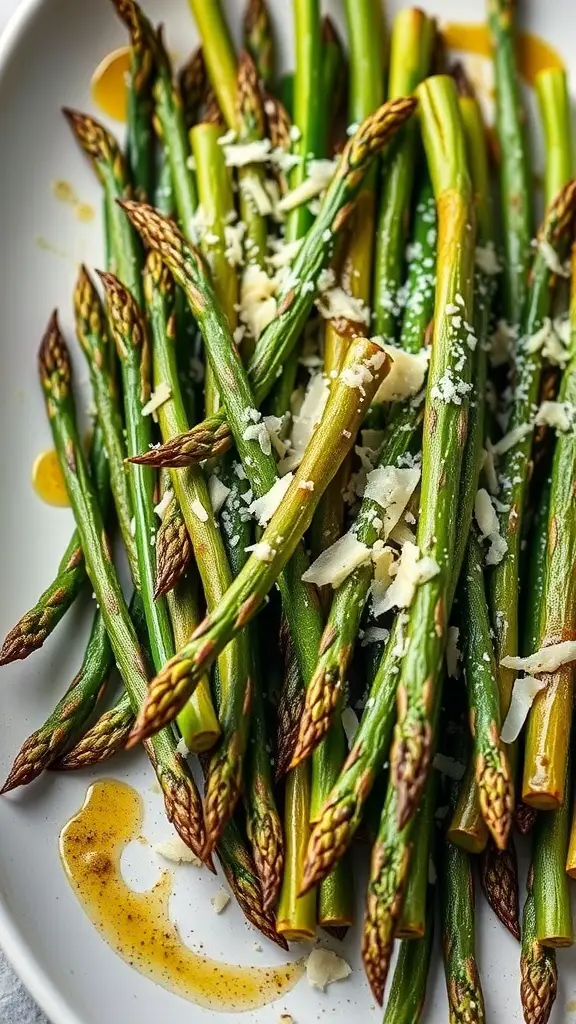 A plate of roasted asparagus topped with grated Parmesan cheese
