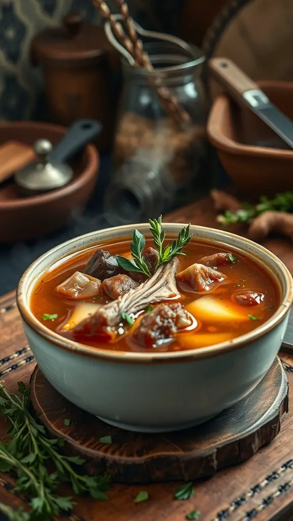 A bowl of beef bone broth with chunks of meat and herbs, sitting on a wooden surface.