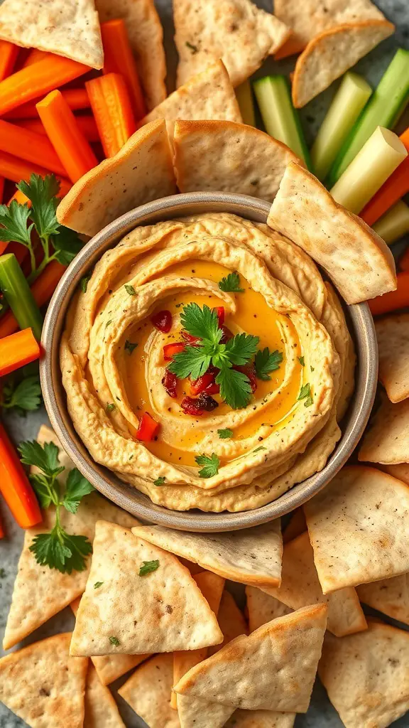 A bowl of roasted vegetable hummus surrounded by pita chips and fresh vegetable sticks.