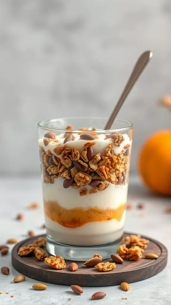 A glass of Pumpkin Spice Greek Yogurt Parfait with layers of yogurt, pumpkin puree, and granola topped with pumpkin seeds.