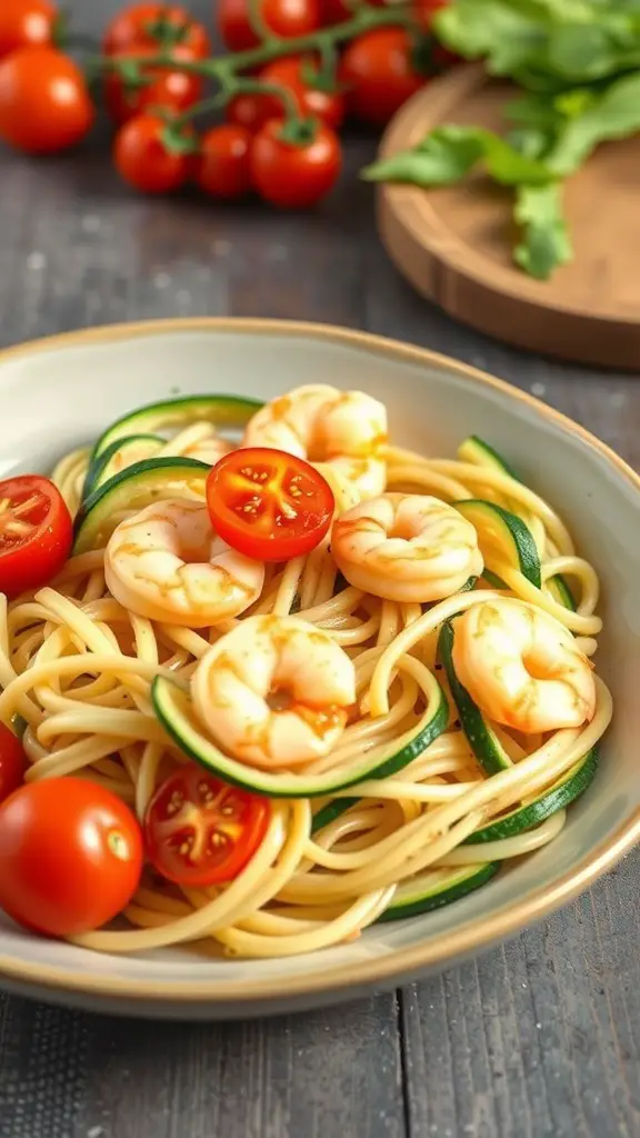 A bowl of shrimp and zucchini noodles with cherry tomatoes, garnished with fresh herbs.