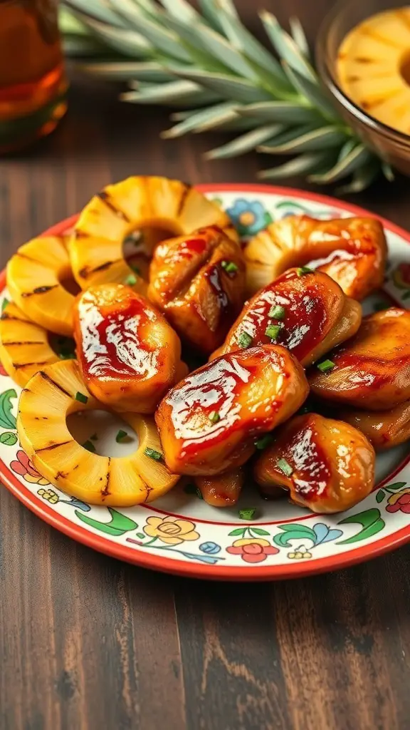 Plate of teriyaki chicken with grilled pineapple slices
