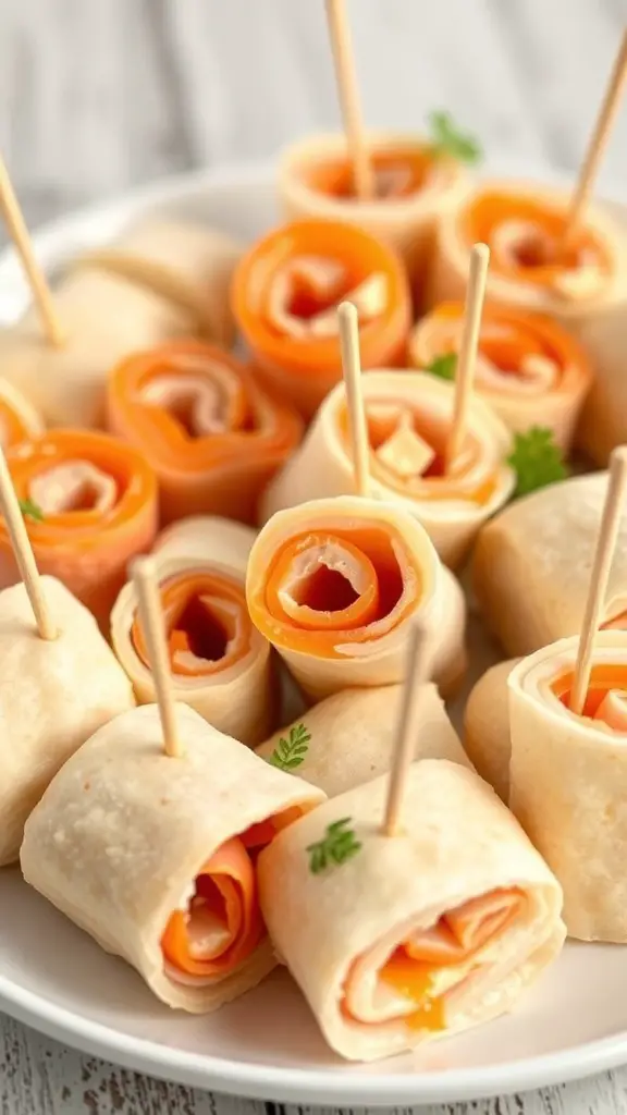 A plate of turkey and cheese roll-ups with toothpicks