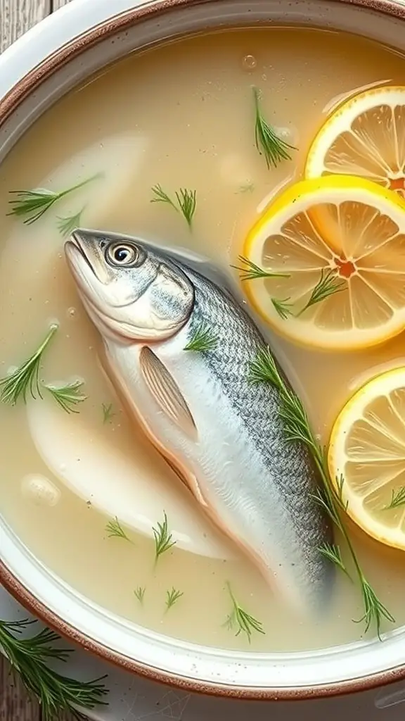 A bowl of fish soup with dill, featuring a whole fish, lemon slices, and fresh herbs.