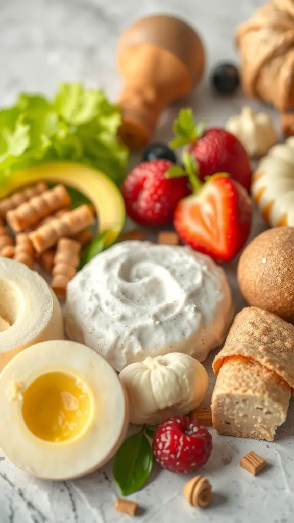 An assortment of soft foods including cheeses, fruits, and sauces.